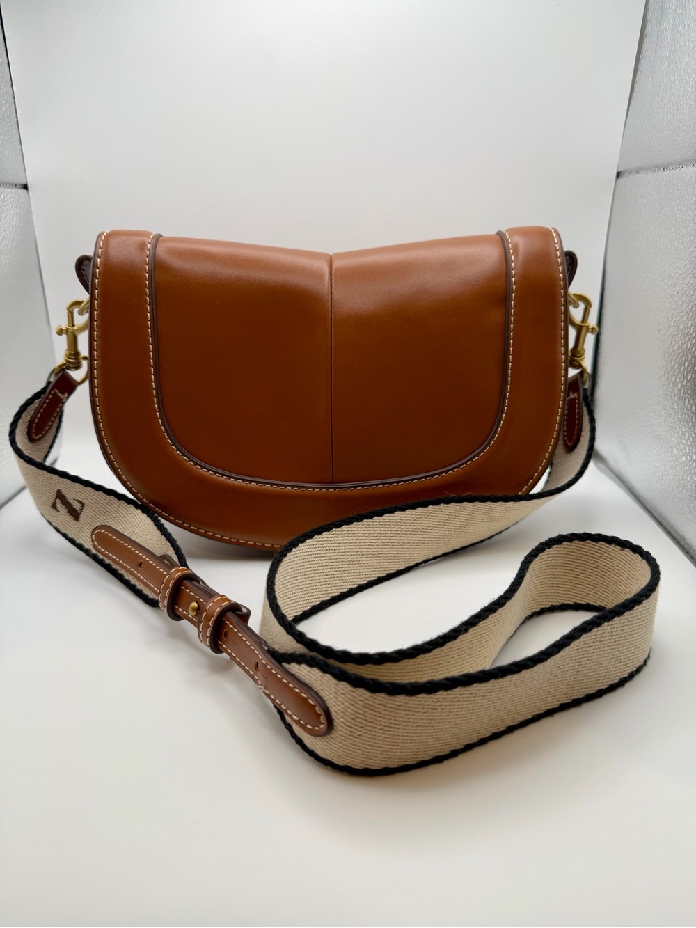 ZARA Tan Cognac Faux Leather Saddle Bag Canvas Webbed Crossbody Purse -NWOT